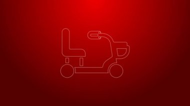 Kırmızı arka planda izole edilmiş yeşil çizgi engelli insanlar için elektrikli sandalye. Mobil scooter simgesi. 4K Video hareketli grafik canlandırması