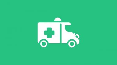 Beyaz ambulans ve acil durum arabası ikonu yeşil arka planda izole edildi. Ambulans aracı tıbbi tahliye. 4K Video hareketli grafik canlandırması