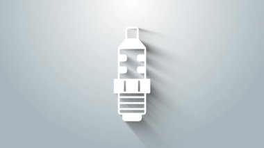 Beyaz Araba Buji simgesi gri arkaplanda izole edildi. Araba elektrikli mumu. 4K Video hareketli grafik canlandırması