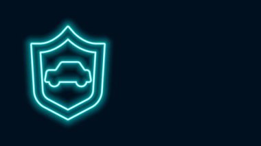 Siyah zemin üzerinde kalkan simgesi olan parlak neon çizgili araba. Sigorta konsepti. Güvenlik, güvenlik, koruma, konsept koruma. 4K Video hareketli grafik canlandırması