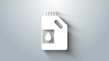 Motor makine yağı ikonu için beyaz teneke kutu gri arka planda izole edildi. Benzin bidonu. Yağ değiştirme ve onarım servisi. Motor yağı işareti. 4K Video hareketli grafik canlandırması
