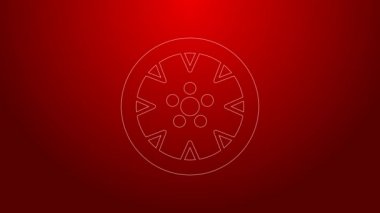 Kırmızı arkaplanda izole edilmiş bir araba simgesi için yeşil çizgi tekerleği. 4K Video hareketli grafik canlandırması