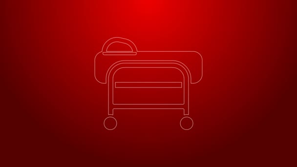 Green line Stretcher icon isolated on red background. Patient hospital medical stretcher. 4K Video motion graphic animation — Video Stock