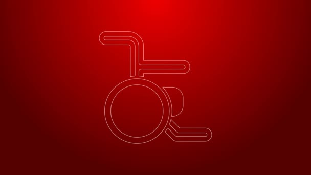 Green line Wheelchair for disabled person icon isolated on red background. 4K Video motion graphic animation — Vídeo de Stock