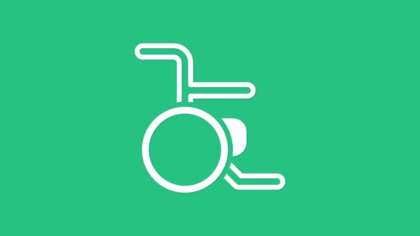 Özürlü kişi simgesi için beyaz tekerlekli sandalye yeşil arka planda izole edildi. 4K Video hareketli grafik canlandırması — Stok video