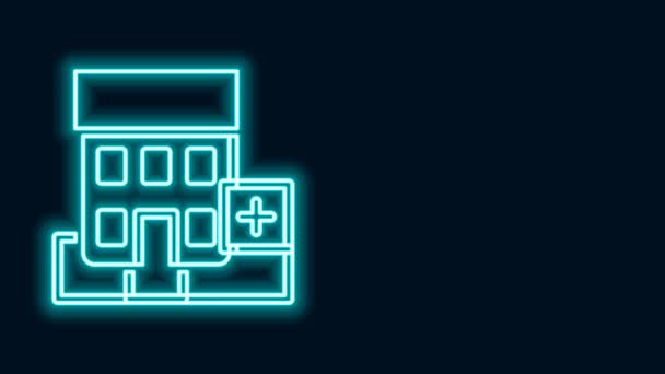Ragyogó neon vonal Orvosi kórház épület kereszt ikon elszigetelt fekete háttérrel. Orvosi központ. Egészségügyi ellátás. 4K Videó mozgás grafikus animáció — Stock videók