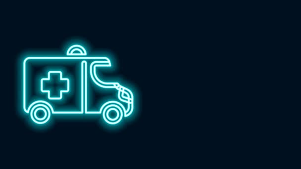 Gloeiende neon lijn Ambulance en nood auto pictogram geïsoleerd op zwarte achtergrond. Ambulance voertuig medische evacuatie. 4K Video motion grafische animatie — Stockvideo