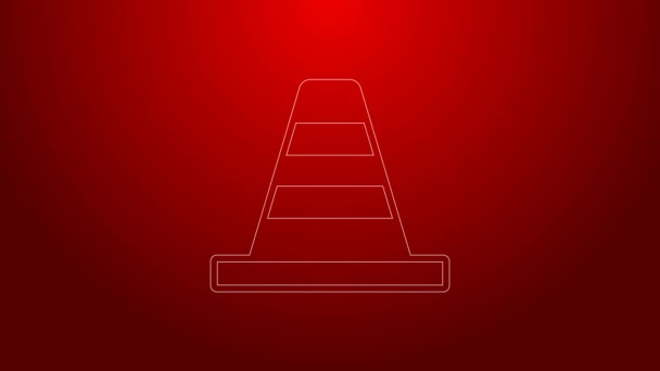 Zelená čára Dopravní kužel ikona izolované na červeném pozadí. Grafická animace pohybu videa 4K — Stock video