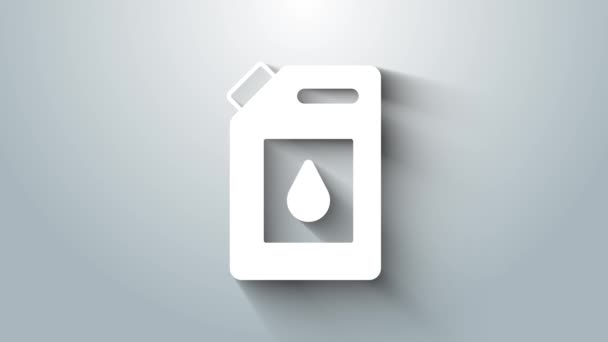 Bote blanco para motor icono de aceite de máquina aislado sobre fondo gris. Un galón de aceite. Servicio de cambio de aceite y reparación. Signo de aceite del motor. Animación gráfica de vídeo 4K — Vídeo de stock