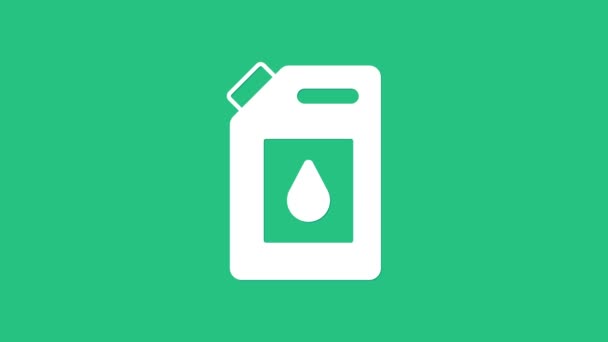 Bote blanco para el icono del aceite de la máquina de motor aislado sobre fondo verde. Un galón de aceite. Servicio de cambio de aceite y reparación. Signo de aceite del motor. Animación gráfica de vídeo 4K — Vídeo de stock