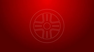 Kırmızı arkaplanda izole edilmiş bir araba simgesi için yeşil çizgi tekerleği. 4K Video hareketli grafik canlandırması