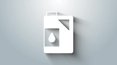 Motor makine yağı ikonu için beyaz teneke kutu gri arka planda izole edildi. Benzin bidonu. Yağ değiştirme ve onarım servisi. Motor yağı işareti. 4K Video hareketli grafik canlandırması