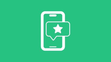 Yeşil zemin üzerinde değerlendirme derecelendirme simgesi olan beyaz cep telefonu. Tanıklık mesajları, bildirimler, geri bildirimler. 4K Video hareketli grafik canlandırması