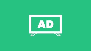 Yeşil arkaplanda beyaz reklam simgesi izole edildi. Pazarlama ve tanıtım süreci kavramı. İlgili reklamlar. Sosyal medya reklamcılığı. 4K Video hareketli grafik canlandırması