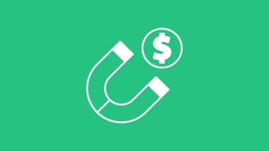 Yeşil arka planda para simgesi olan beyaz mıknatıs. Yatırım çekme kavramı. Büyük işletmelerin kazanç kaynağı ve başarısı. 4K Video hareketli grafik canlandırması