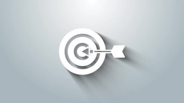 Beyaz Hedef finansal hedef kavramı konsepti gri arka planda izole edildi. Sembolik hedeflere ulaşım, başarı. 4K Video hareketli grafik canlandırması