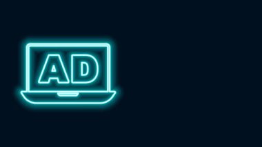 Parlayan neon hattı reklam simgesi siyah arkaplanda izole edildi. Pazarlama ve tanıtım süreci kavramı. İlgili reklamlar. Sosyal medya reklamcılığı. 4K Video hareketli grafik canlandırması