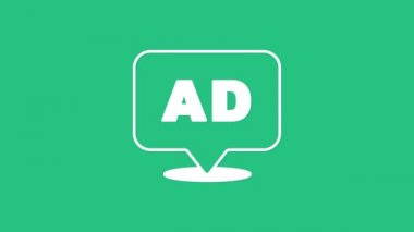 Yeşil arkaplanda beyaz reklam simgesi izole edildi. Pazarlama ve tanıtım süreci kavramı. İlgili reklamlar. Sosyal medya reklamcılığı. 4K Video hareketli grafik canlandırması