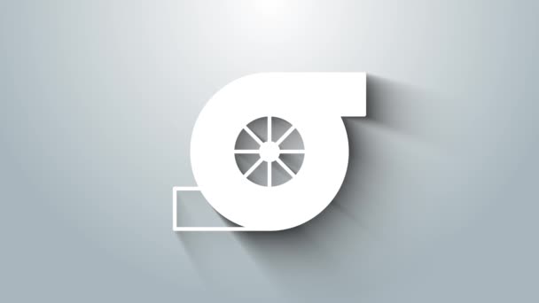 Weißes Automotive-Turbolader-Symbol isoliert auf grauem Hintergrund. Fahrzeugleistung Turbo. Turbo-Kompressorinduktion. 4K Video Motion Grafik Animation — Stockvideo