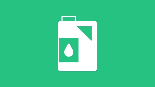 Bote blanco para el icono del aceite de la máquina de motor aislado sobre fondo verde. Un galón de aceite. Servicio de cambio de aceite y reparación. Signo de aceite del motor. Animación gráfica de vídeo 4K — Vídeos de Stock