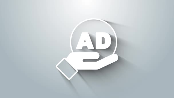 Weißes Werbe-Symbol isoliert auf grauem Hintergrund. Konzept des Marketing- und Werbeprozesses. Reaktionsfähige Anzeigen. Werbung in den sozialen Medien. 4K Video Motion Grafik Animation — Stockvideo