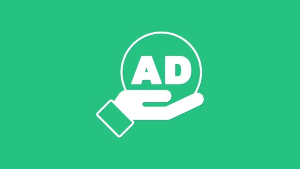 Witte reclame pictogram geïsoleerd op groene achtergrond. Concept van marketing en promotie. Responsieve advertenties. Reclame voor sociale media. 4K Video motion grafische animatie — Stockvideo