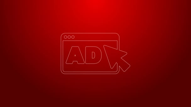 Green line Advertising icon isolated on red background. Concept of marketing and promotion process. Responsive ads. Social media advertising. 4K Video motion graphic animation — Vídeo de Stock