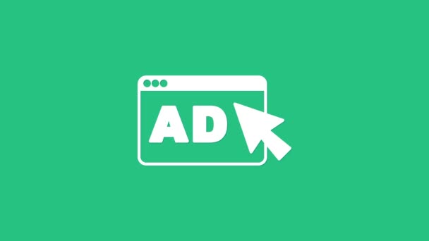 White Advertising icon isolated on green background. Concept of marketing and promotion process. Responsive ads. Social media advertising. 4K Video motion graphic animation — Αρχείο Βίντεο