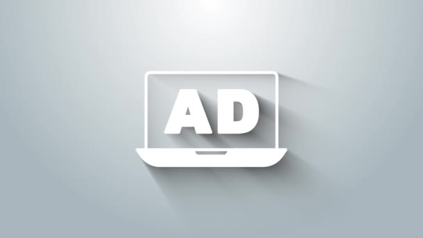 Biała ikona reklamy odizolowana na szarym tle. Koncepcja procesu marketingu i promocji. Reagujące reklamy. Reklama mediów społecznościowych. 4K Animacja graficzna ruchu wideo — Wideo stockowe