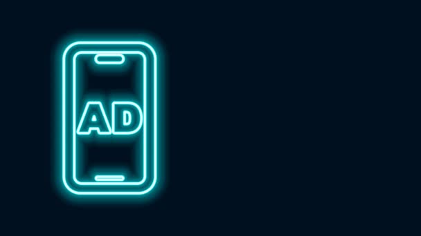 Linea neon luminosa Icona pubblicitaria isolata su sfondo nero. Concetto di processo di marketing e promozione. Annunci reattivi. Pubblicità sui social media. Animazione grafica 4K Video motion — Video Stock