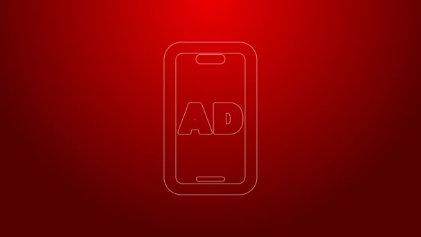 Grüne Linie Werbe-Symbol isoliert auf rotem Hintergrund. Konzept des Marketing- und Werbeprozesses. Reaktionsfähige Anzeigen. Werbung in den sozialen Medien. 4K Video Motion Grafik Animation — Stockvideo