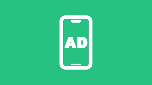 緑の背景に隔離されたホワイト広告アイコン。マーケティングとプロモーションプロセスの概念。反応の良い広告。ソーシャルメディア広告。4Kビデオモーショングラフィックアニメーション — ストック動画