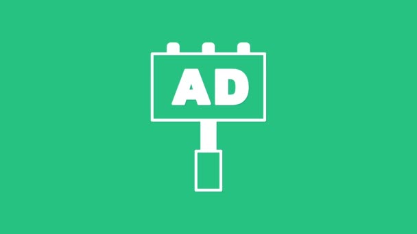 Biała ikona reklamy odizolowana na zielonym tle. Koncepcja procesu marketingu i promocji. Reagujące reklamy. Reklama mediów społecznościowych. 4K Animacja graficzna ruchu wideo — Wideo stockowe