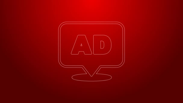 Línea verde Icono publicitario aislado sobre fondo rojo. Concepto de proceso de marketing y promoción. Anuncios sensibles. Publicidad en redes sociales. Animación gráfica de vídeo 4K — Vídeo de stock