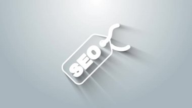 Beyaz SEO optimizasyon simgesi gri arkaplanda izole edildi. 4K Video hareketli grafik canlandırması
