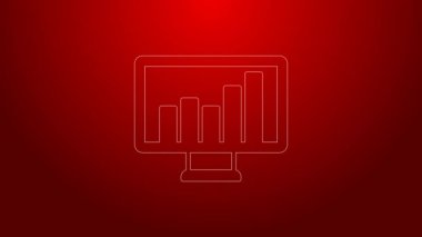 Kırmızı zemin üzerinde grafik grafik simgesi olan yeşil çizgi bilgisayar monitörü. Metin dosyasını rapor et. Muhasebe tabelası. Denetim, analiz, planlama. 4K Video hareketli grafik canlandırması