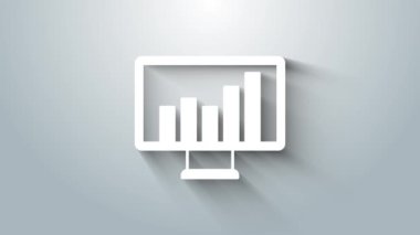 Gri arkaplanda grafik çizelgesi simgesi olan beyaz bilgisayar monitörü. Metin dosyasını rapor et. Muhasebe tabelası. Denetim, analiz, planlama. 4K Video hareketli grafik canlandırması