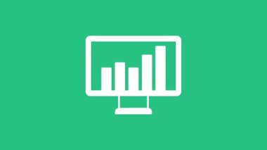 Yeşil arkaplanda grafik çizelgesi simgesi olan beyaz bilgisayar monitörü. Metin dosyasını rapor et. Muhasebe tabelası. Denetim, analiz, planlama. 4K Video hareketli grafik canlandırması