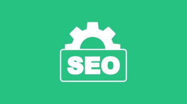 Beyaz SEO optimizasyon simgesi yeşil arkaplanda izole edildi. 4K Video hareketli grafik canlandırması