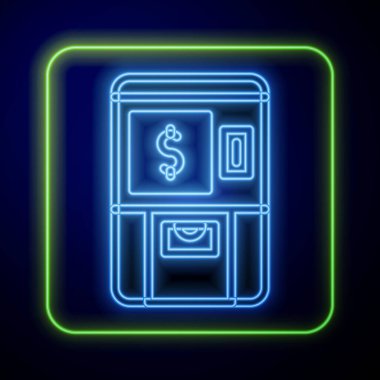 Parlak neon ATM - Otomatik veznedar makinesi ve para ikonu mavi arka planda izole edildi. Vektör