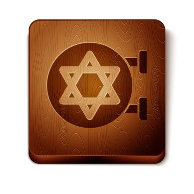 Kahverengi Yahudi sinagogu binası ya da beyaz arka planda izole edilmiş Yahudi tapınağı ikonu. David Star 'la İbranice ya da Yahudilik inşaatı. Tahta kare düğme. Vektör