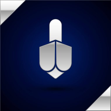 Gümüş Hanuka dreidel simgesi koyu mavi arkaplanda izole edilmiş. Vektör