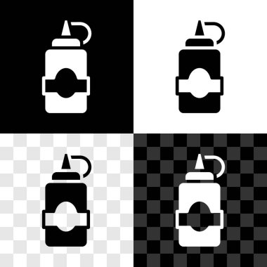 Sos şişesi simgesini siyah beyaz, şeffaf arkaplanda izole et. Ketçap, hardal ve fast food için soslu mayonez şişeleri. Vektör