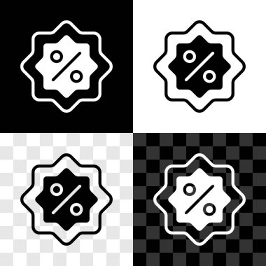 İndirim yüzde etiketi simgesini siyah beyaz, şeffaf arkaplanda izole et. Etiket alışverişi. Özel teklif işareti. İndirim kuponları sembolü. Vektör