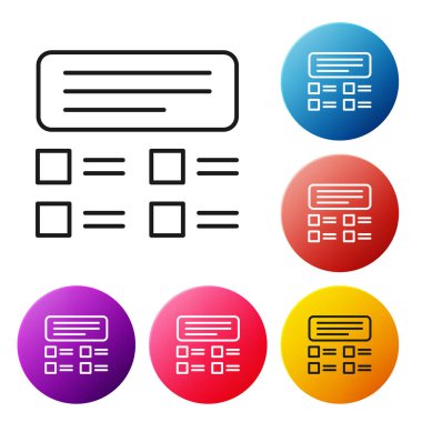 Siyah çizgi Çevrimiçi Sınav, Test, Araştırma veya Kontrol Listesi simgesi beyaz arkaplanda izole edildi. Sınav listesi. E-eğitim konsepti. Renkli daire düğmelerini ayarlayın. Vektör İllüstrasyonu