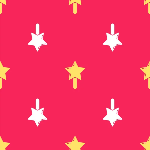 Gelbes Lollipop-Symbol isoliert nahtlose Muster auf rotem Hintergrund. Süßigkeiten-Zeichen. Essen, köstliches Symbol. Vektor — Stockvektor