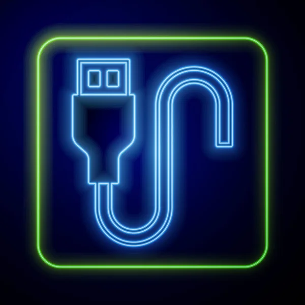 Icona del cavo USB al neon incandescente isolato su sfondo blu. Connettori e prese per PC e dispositivi mobili. Vettore — Vettoriale Stock