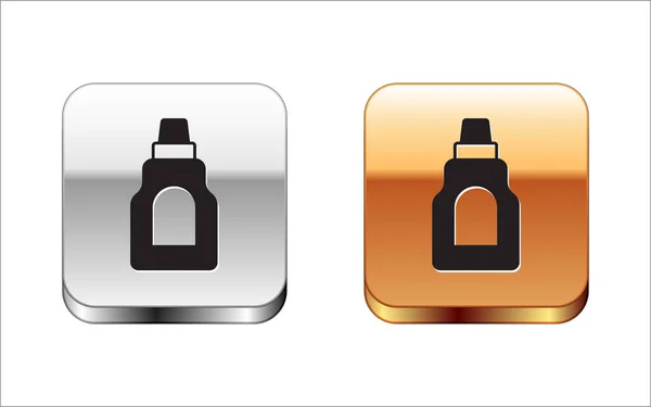Zwarte plastic fles voor wasmiddel, bleekmiddel, vaatwasmiddel of een ander icoon van reinigingsmiddel geïsoleerd op witte achtergrond. Zilveren en gouden vierkante knopen. Vector — Stockvector
