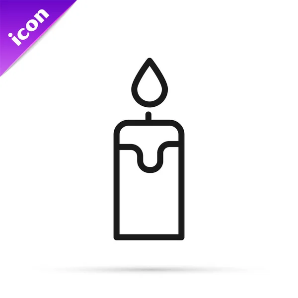 Black line Burning candle icon isolated on white background. Cylindrical candle stick with burning flame. Vector — Stock Vector