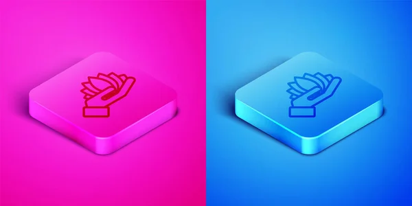 Isometrische lijn Lotus bloem pictogram geïsoleerd op roze en blauwe achtergrond. Vierkant. Vector — Stockvector